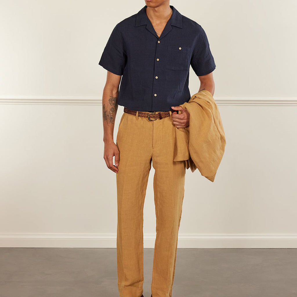 Short Sleeve Cuban Shirt | Linen | Navy(Front)