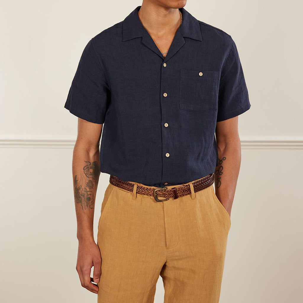 Short Sleeve Cuban Shirt | Linen | Navy