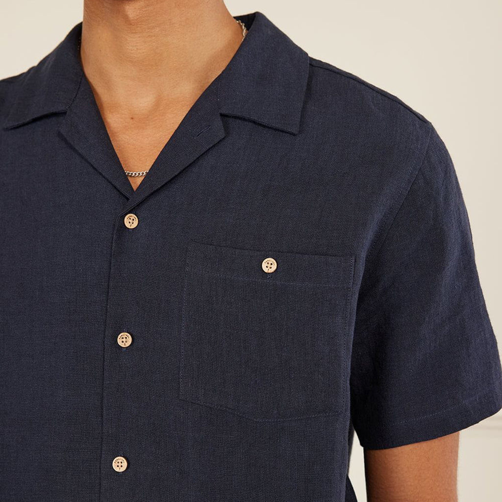 Short Sleeve Cuban Shirt | Linen | Navy_1