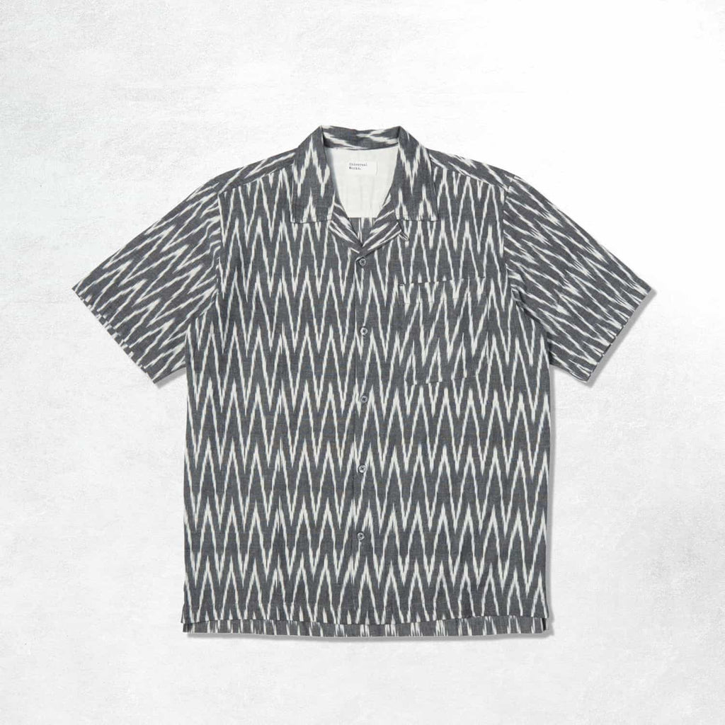 Universal Works Camp Shirt: Grey Vee Ikat (Front)