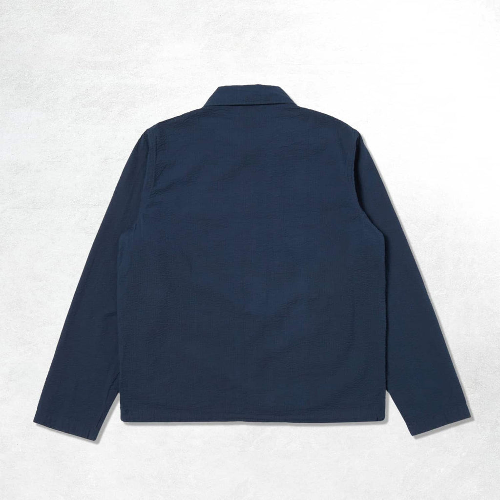 Universal Works Porto Jacket: Navy Cotton Seersucker (Back)
