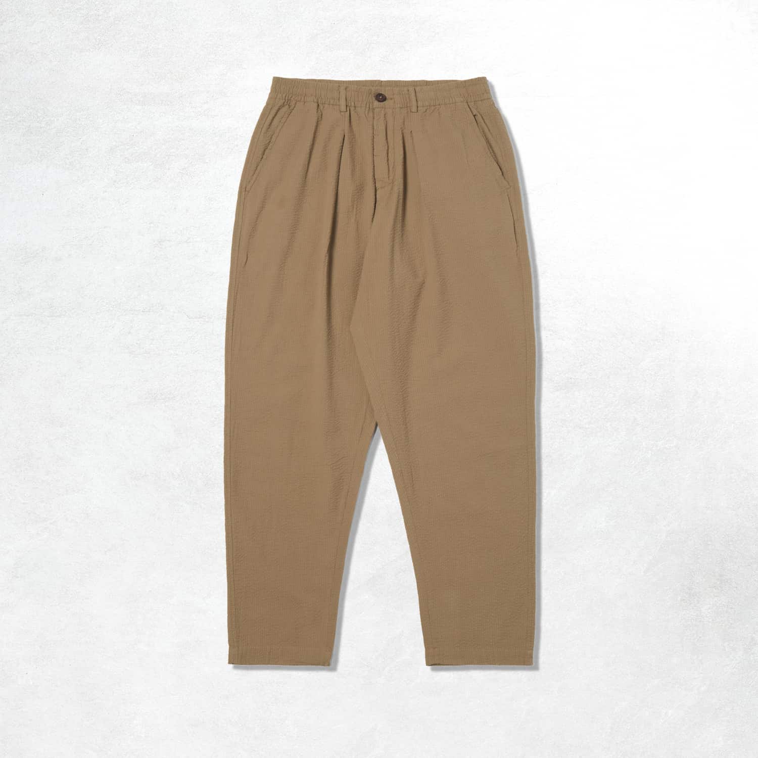 Universal Works Pleated Track Pant: Olive Cotton Seersucker  (Front)