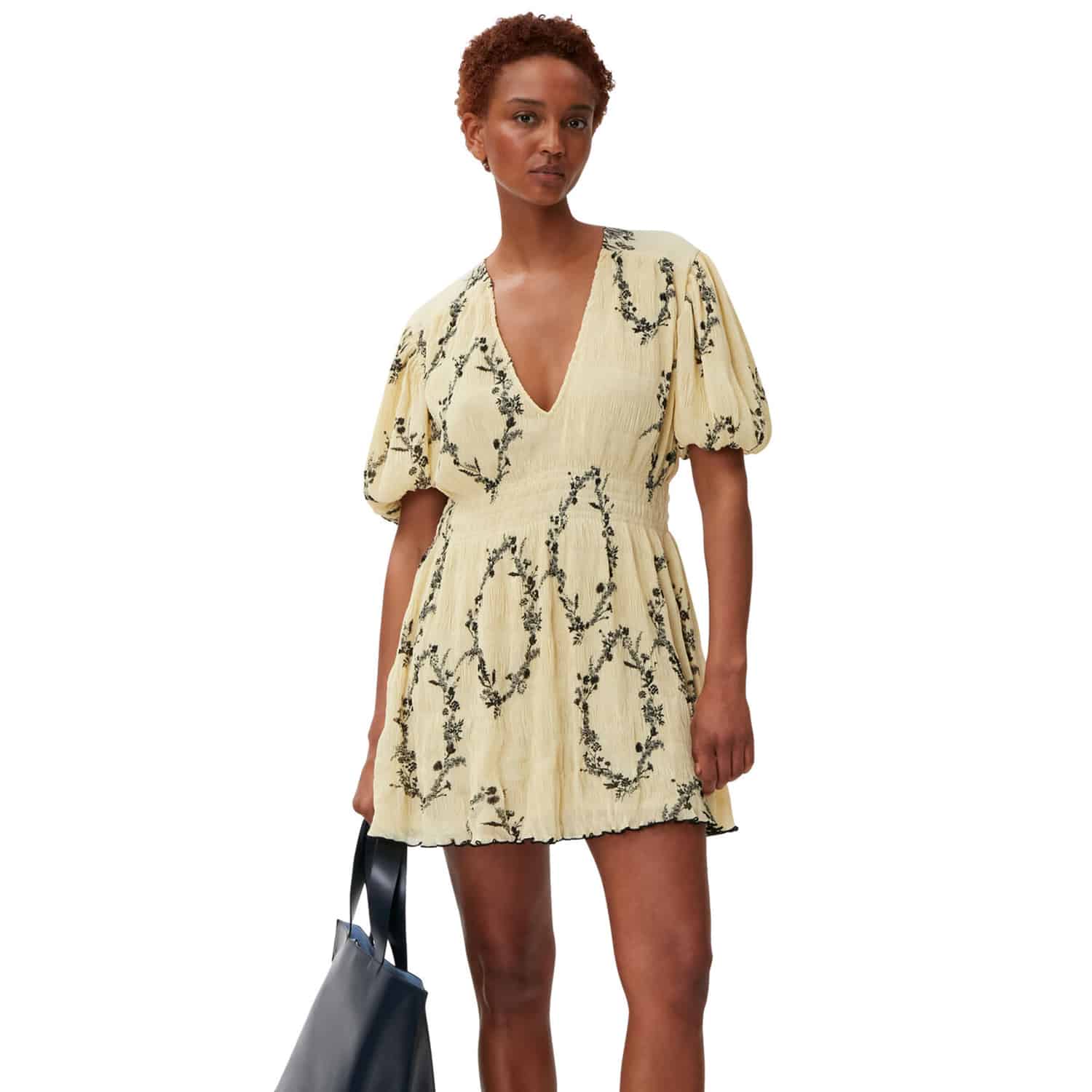 Ganni Pleated Georgette V-neck Smock Mini Dress: Floral Shadow Flan_Model_Front