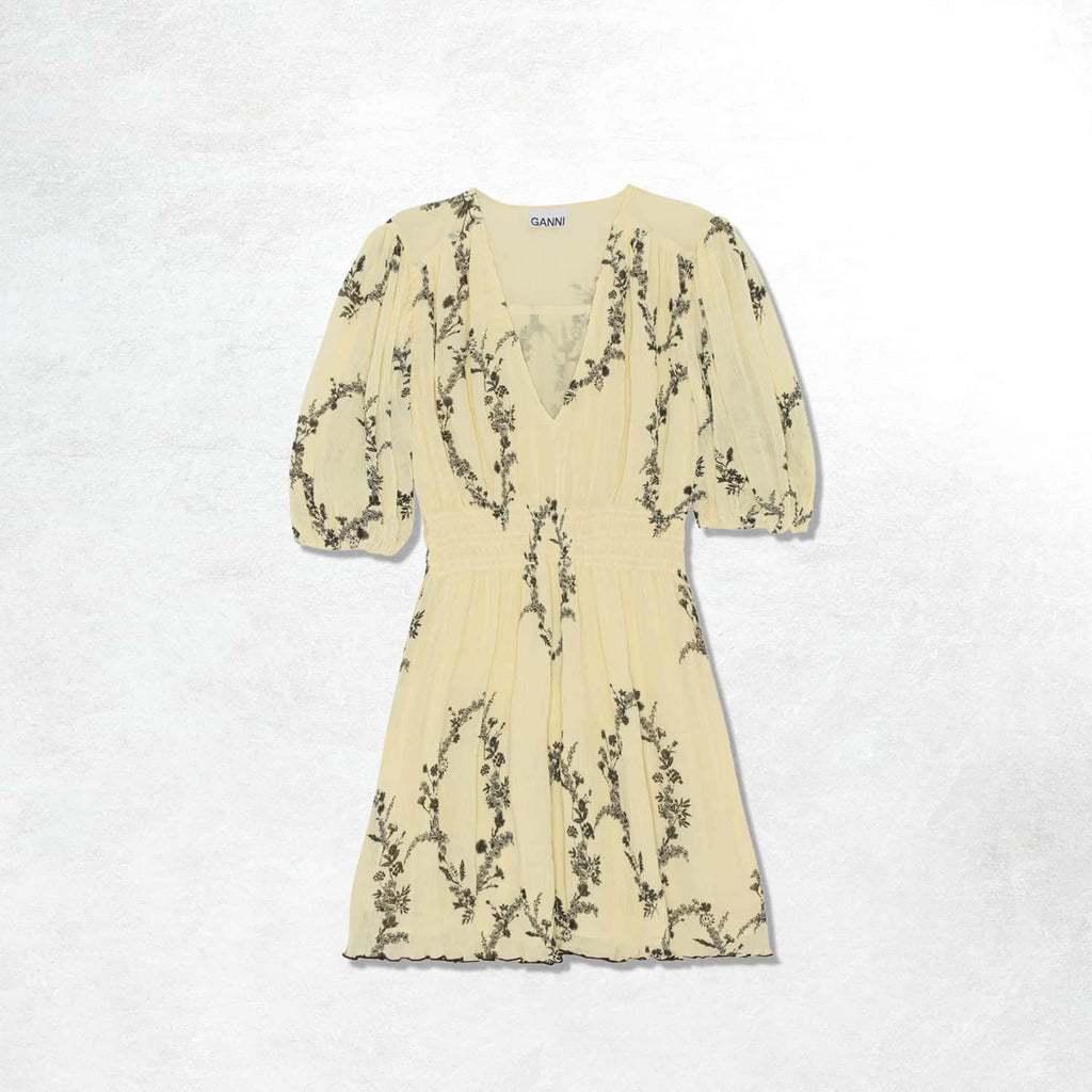 Ganni Pleated Georgette V-neck Smock Mini Dress: Floral Shadow Flan (Front)
