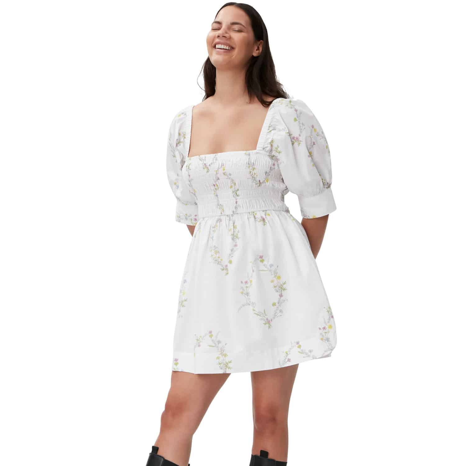 Ganni Printed Cotton Mini Smock Dress: Floral Shape Bright White_Model_Front