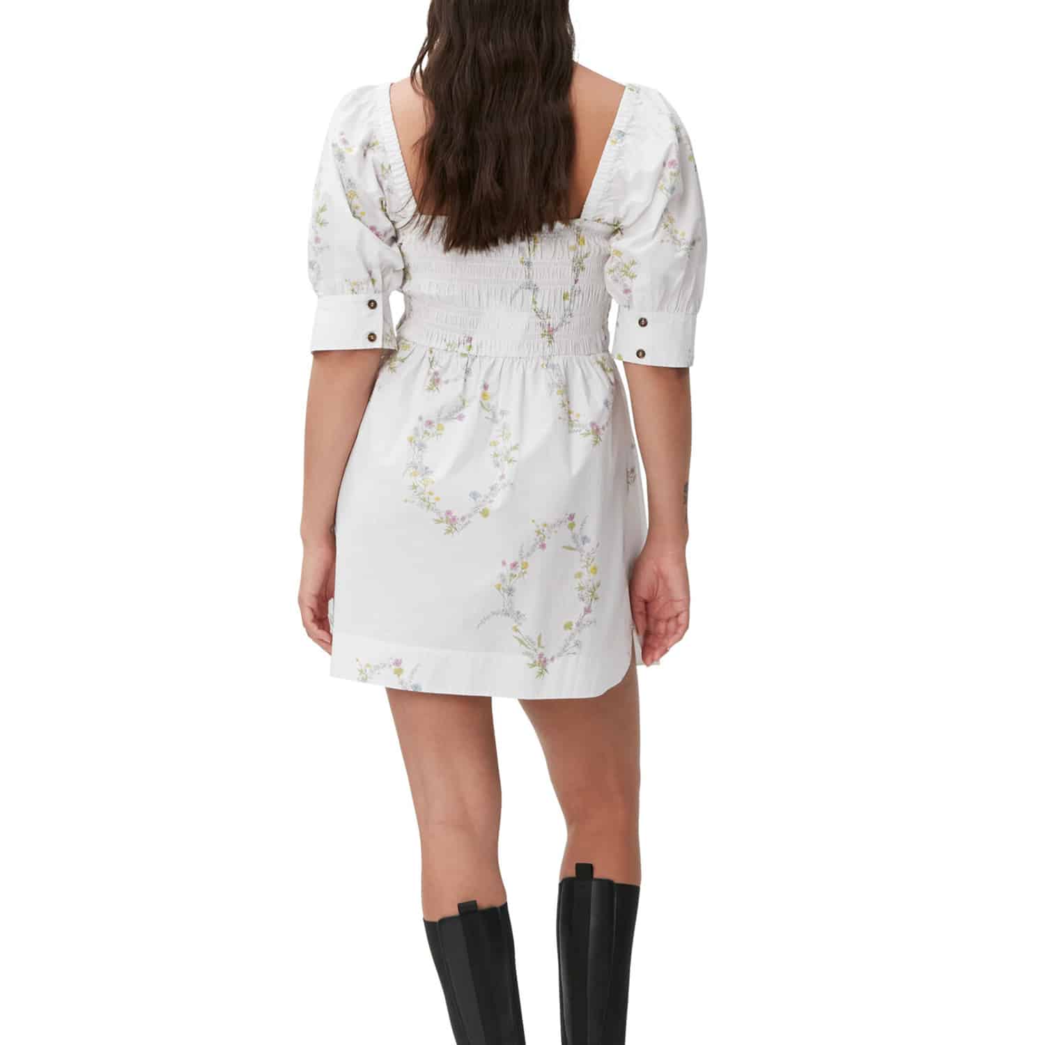 Ganni Printed Cotton Mini Smock Dress: Floral Shape Bright White_Model_Back