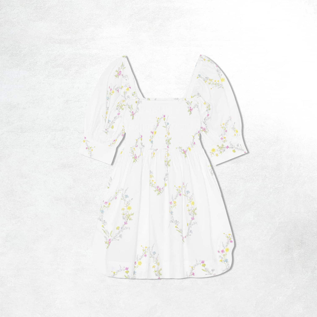 Ganni Printed Cotton Mini Smock Dress: Floral Shape Bright White (Front)