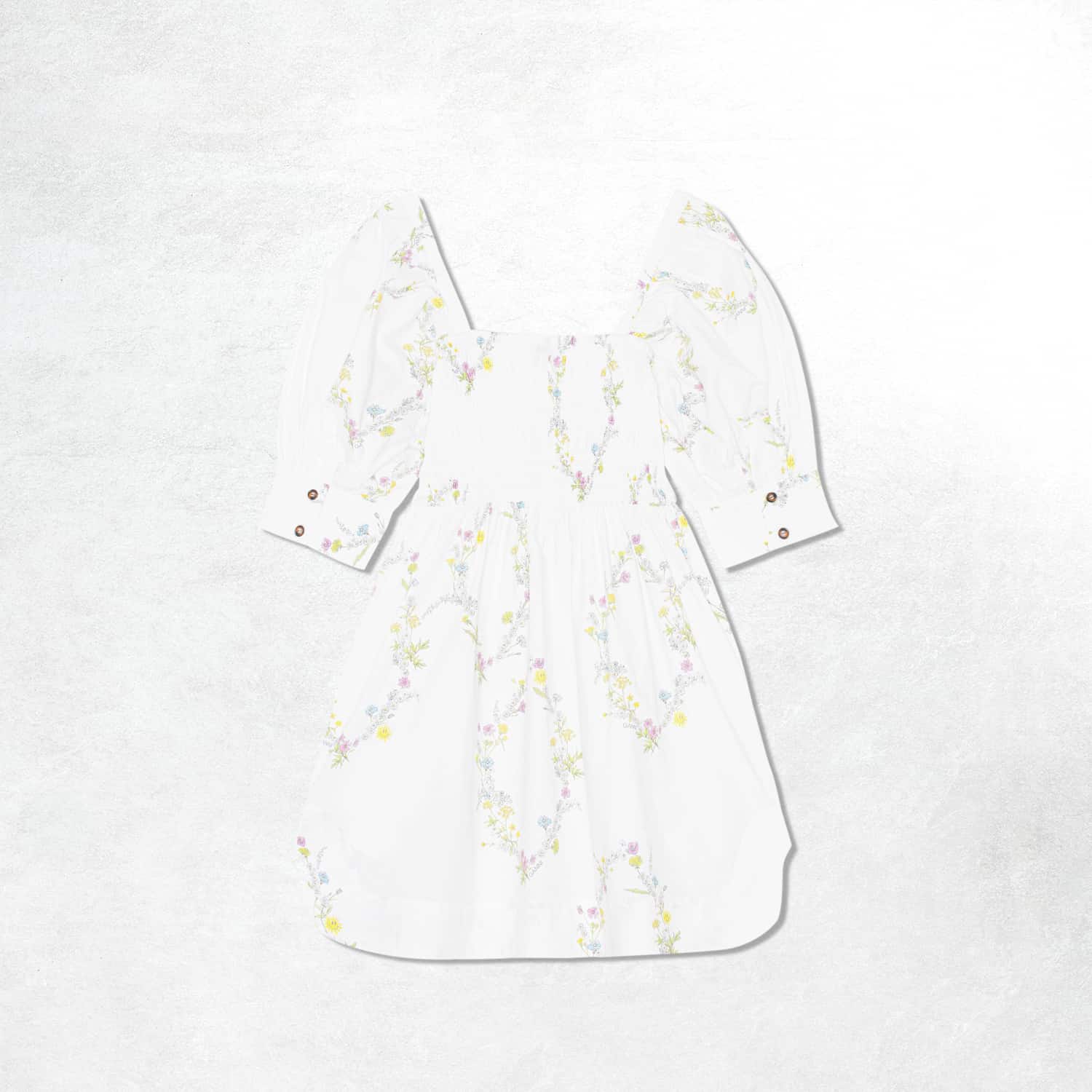 Ganni Printed Cotton Mini Smock Dress: Floral Shape Bright White (Back)