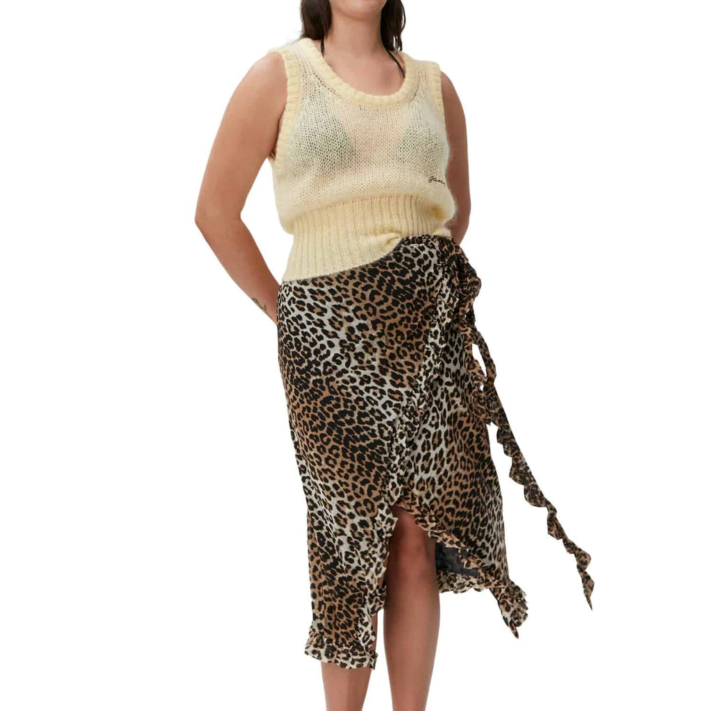 Ganni Printed Mesh Ruffle Midi Wrap Skirt: Leopard Seedpearl_Model_Front