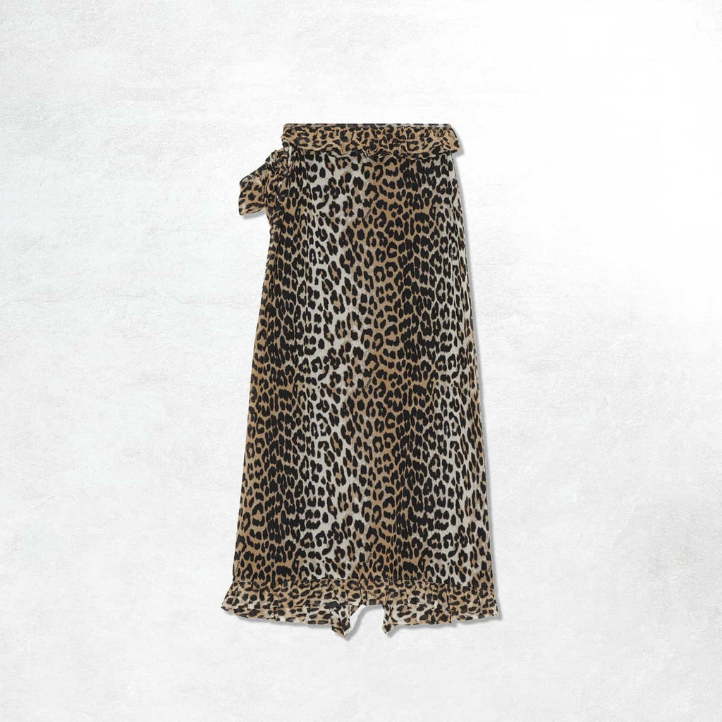 Ganni Printed Mesh Ruffle Midi Wrap Skirt: Leopard Seedpearl (Back)
