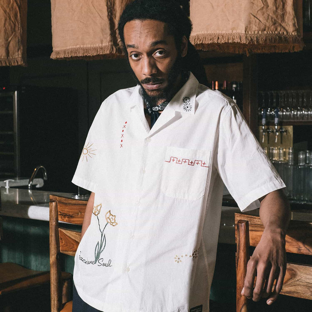 Universal Works Minari Shirt: Ecru Organic Fine Poplin_Model