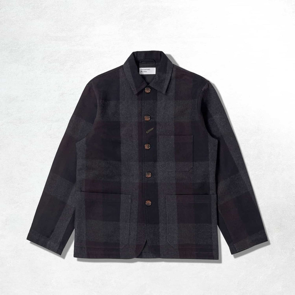 Universal Works Bakers Chore Jacket: Brown Check (Front)