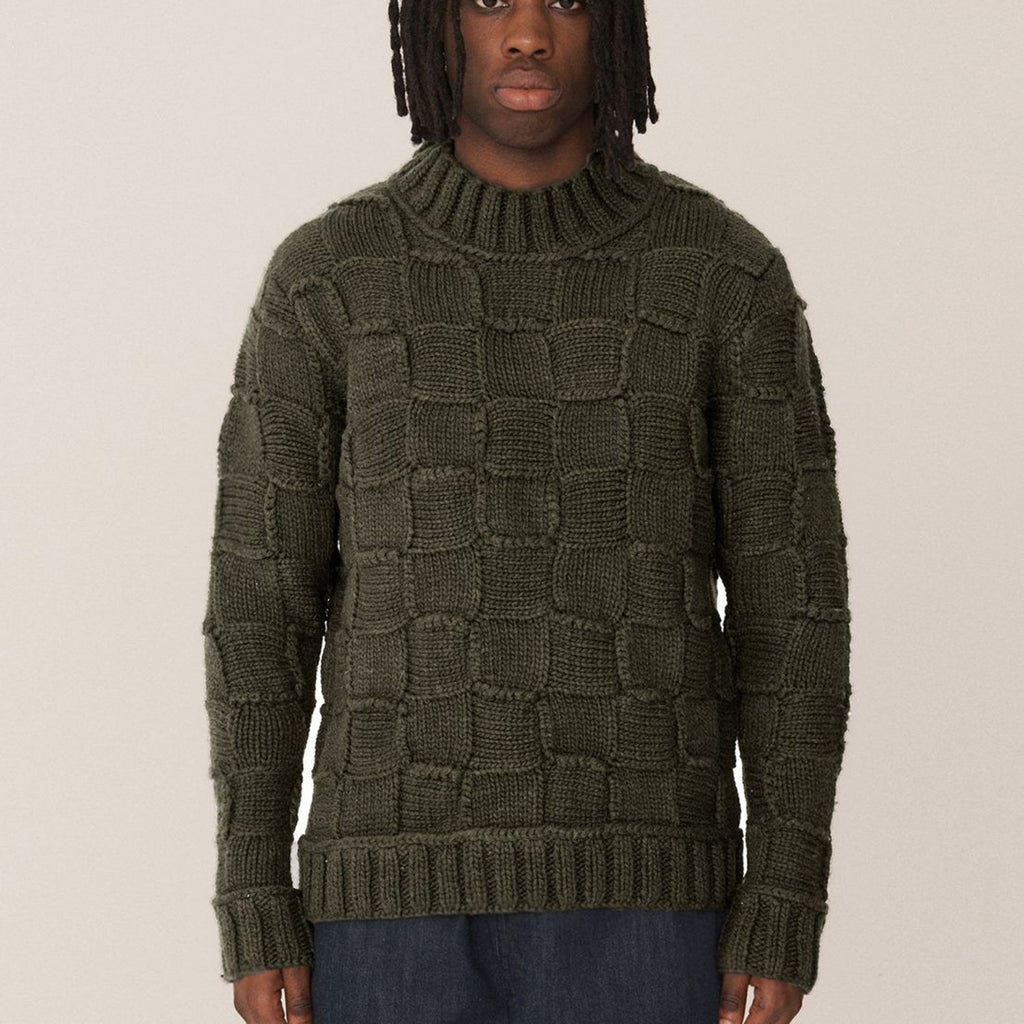 YMC Bluto Basketweave Wool Knit Jumper: Green(Model_1)