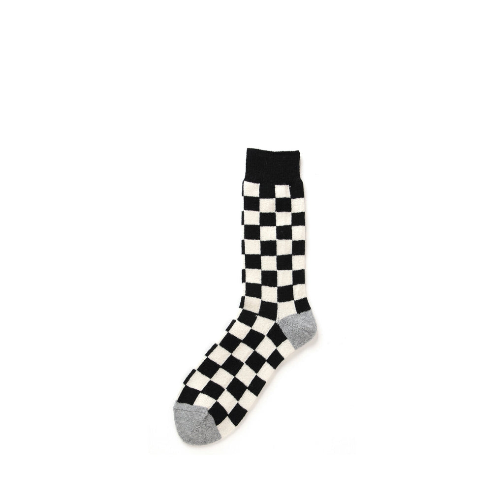 Rototo Recycled Wool Checkerboard Crew Socks: Black / Ivory / Grey - The Union Project