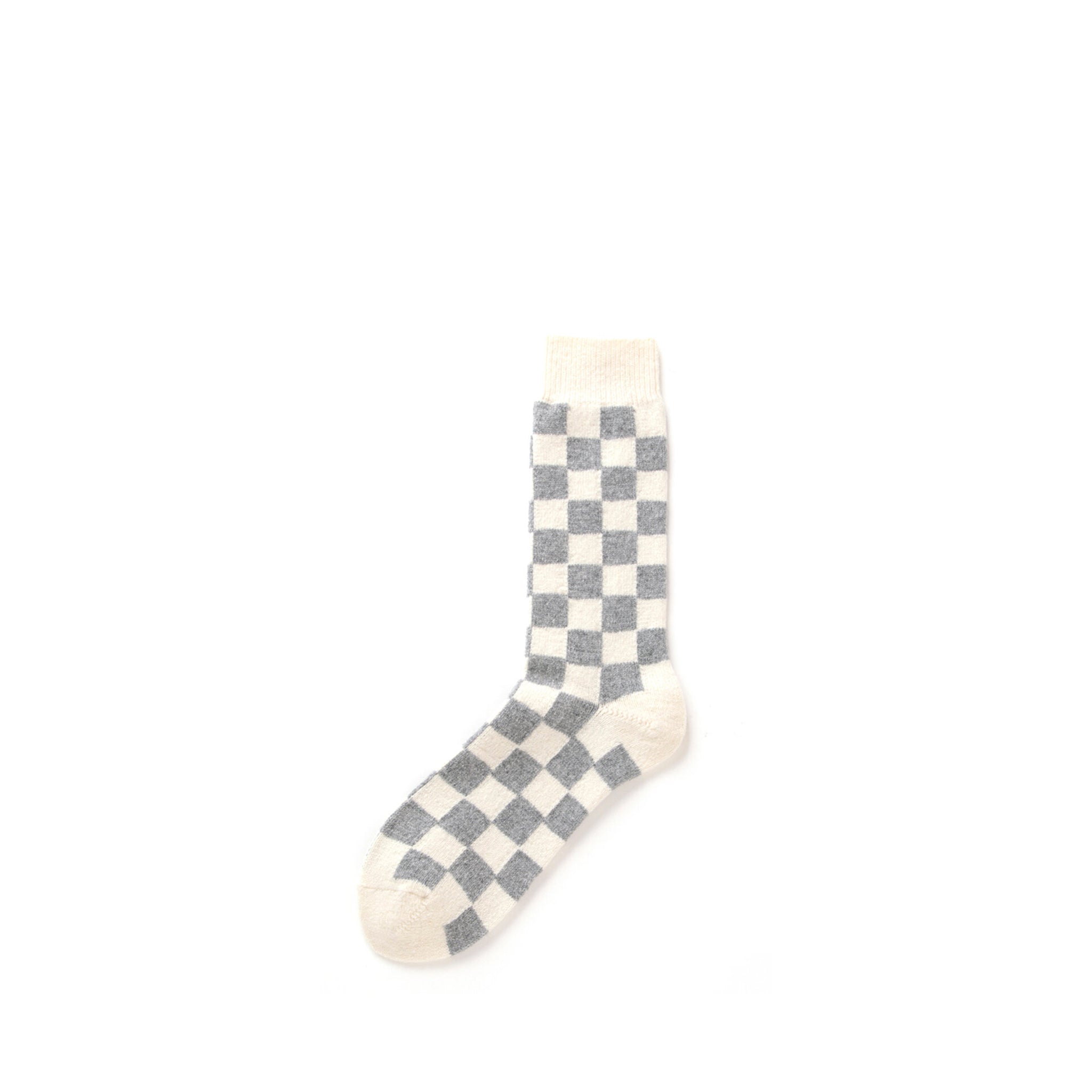 Rototo Recycled Wool Checkerboard Crew Socks: Ivory / Grey - The Union Project