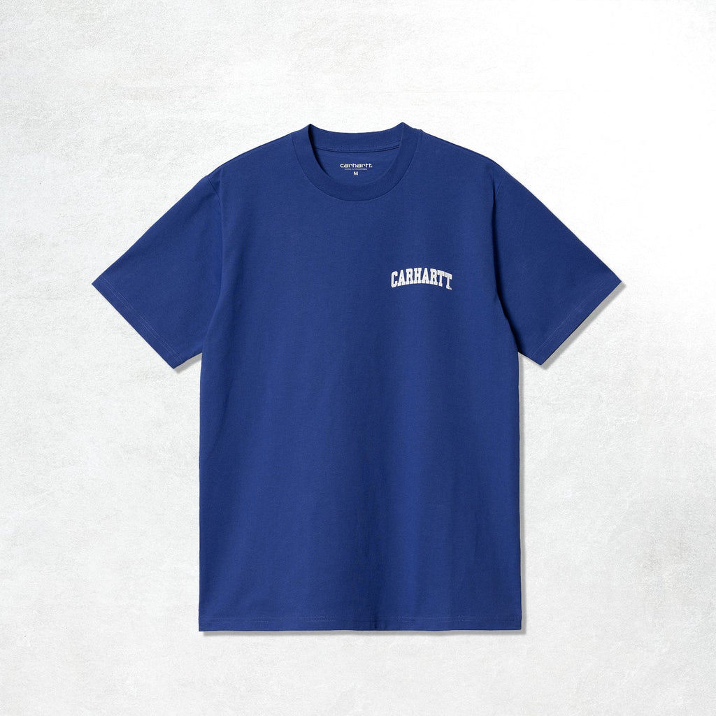 Carhartt WIP S/S University Script T-Shirt: Lazurite / White (Front)